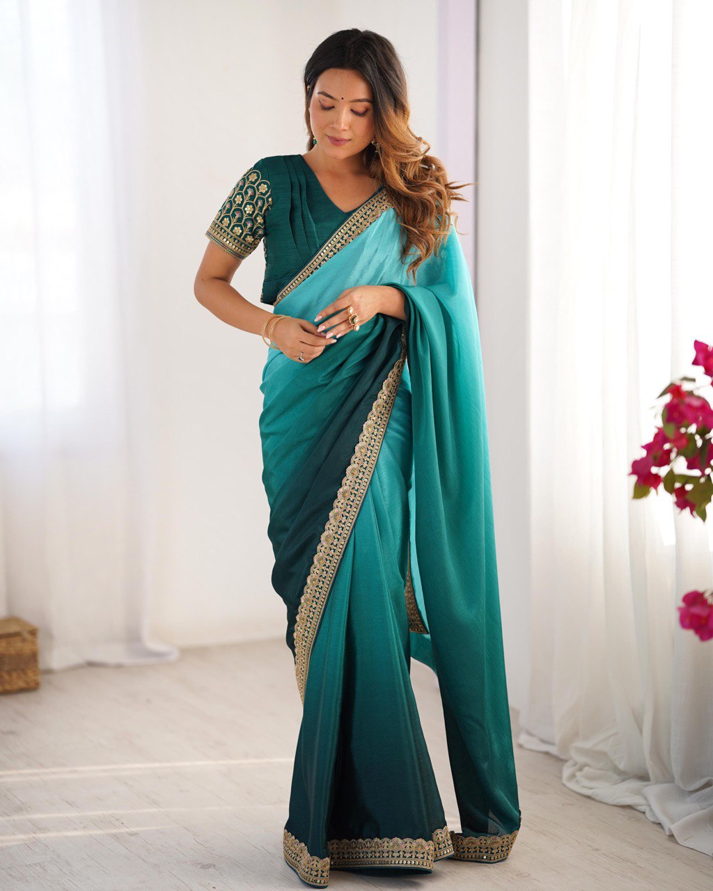 Women's Elegant Ombre Green Georgette Saree with Intricate Golden Zari & Stone Embellishments – Complete with Heavily Worked Blouse for Festive & Wedding Wear - Image 15